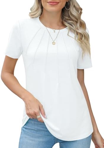 Rapbin Womens Casual Short Sleeve T-Shirts Crew Neck Pleated Tops Fashion Dressy Tunic Blouses