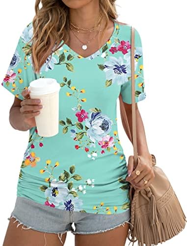 Anydoll Women's Summer V Neck T Shirts Casual Short Sleeve Tunic Tops Dressy Ruched Blouse