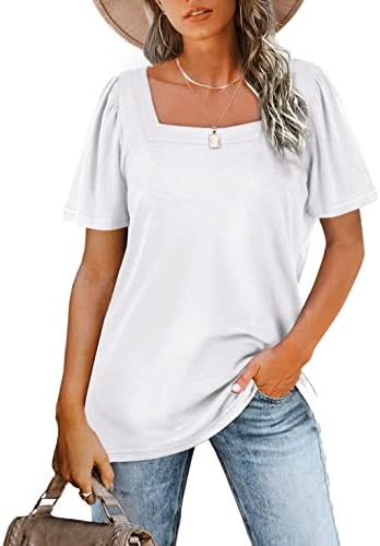 Aokosor T Shirts for Women Square Neck Tops Ladies Puff Sleeve Summer Casual Tee