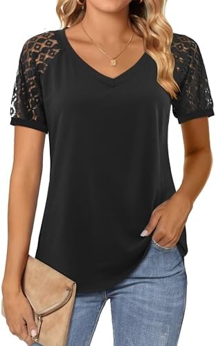 Beluring Womens Lace Long Sleeve Tops Plain V Neck T Shirts Loose Casual Blouse Dressy Tunic Shirt