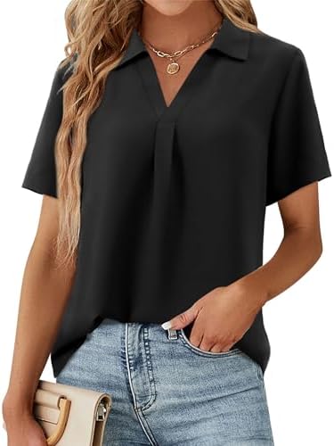 Beluring Womens Top Summer V Neck Collared Blouse Short Sleeve Shirt Dressy Pleated T-Shirts