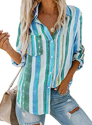 Breampot Womens Summer Blouses Casual Striped V Neck Tunic Tops Long Sleeve Button Down Shirts