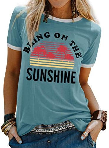 Dresswel Women Bring On The Sunshine T-Shirt Rainbow Graphic Print Short Sleeve Crew Neck Tee Tops Ladies Summer Shirts