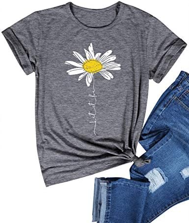 Dresswel Women Let It Be T Shirt Daisy Flower Graphic Print T-Shirt Crew Neck Short Sleeve Tee Tops