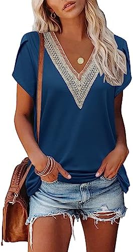 Famulily Women's Lace Trim V Neck T-Shirts, Short Petal Sleeve Summer Dressy Tops Casual Blouses S to XXL