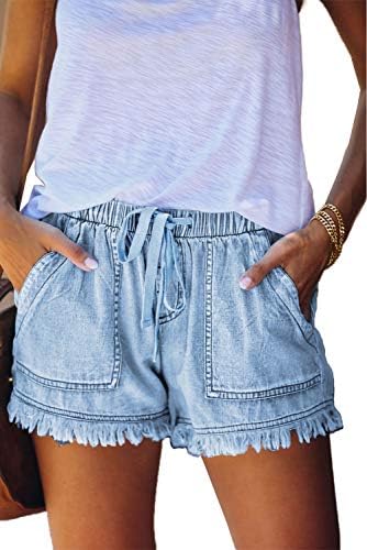 HVEPUO Women's Jean Shorts Frayed Raw Hem Drawstring Denim Shorts Casual Summer