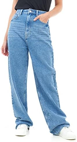 M17 Women's Ladies Denim Jeans Straight Leg High Rise Comfy Casual Cotton Trouser Pants with Pockets (18, Mid Blue)