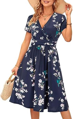 OUGES Women's Summer Midi Dress V-Neck Long/Short Sleeve Floral Ladies Spring Dress with Pockets