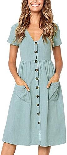 Summer Dresses for Women Casual Midi Dress Short Sleeve Shirt Dress V Neck Button Decoration Swing A Line Tunic Dress with Pockets