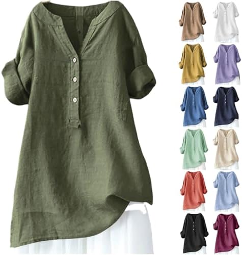 Summer Tops for Women UK Casual Vintage Cotton Linen V Neck 3/4 Sleeve Blouses Loose Plus Size Solid Daily Comfy T Shirt Ladies Chic Button Down Tops for Summer Holiday