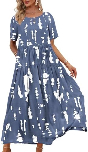 YESNO Women Dresses Casual Plus Size Bohemian Short Sleeve Floral Long Maxi Summer Beach Swing Dress/Pockets EJFUK