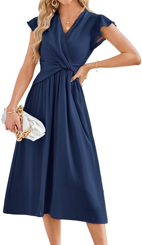 JASAMBAC Women’s Chiffon Dresses Ruffle Flutter Sleeves Summer Dress Ruched Wrap A-Line Midi Dress Wedding Guest Dress Flowy Dreess