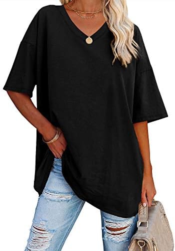 Women's Casual Oversized T Shirts Short Sleeve V Neck Basic Plain Cotton Tee Tops.