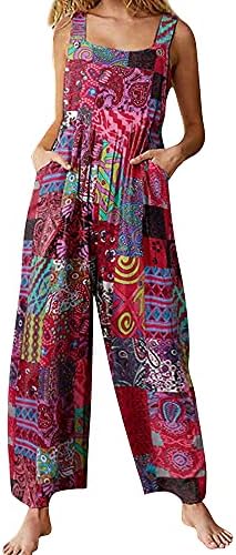 Acrawnni Women's Dungarees Vintage Floral Printed Loose Casual Baggy Sleeveless Overall Long Jumpsuit Playsuit Trousers Pants Romper