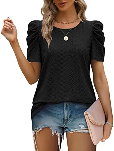 Aokosor Ladies Tops for Womens T Shirts Summer Clothes Round Neck Tshirts Gigot Sleeve Casual Tees Eyelet Tops