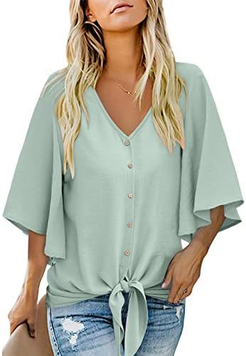 Aokosor Womens Blouse V Neck Tops with Button Ladies Summer Chiffon 3/4 Bell Sleeve T Shirts