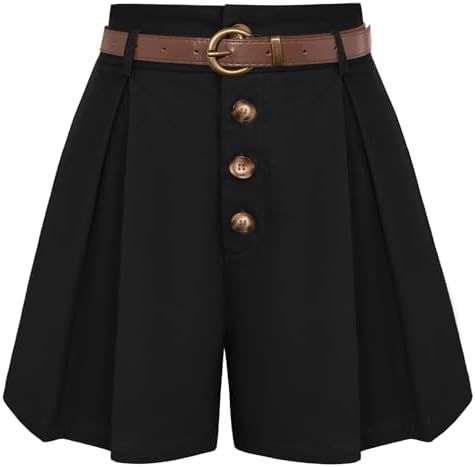 Belle Poque Women's Vintage Shorts with Belt Elastic High Waisted Wide Leg Cotton Shorts Pleated Shorts Dressy Casual