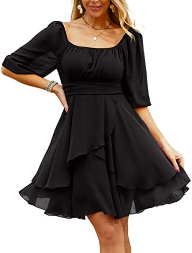 Beluring Dress for Women Square Neck Puff Short Sleeve Square Neck Elastic Waist Casual Chiffon Mini Dress