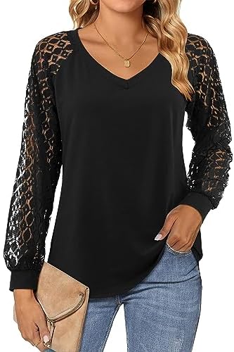 Beluring Womens Lace Long Sleeve Tops Plain V Neck T Shirts Loose Casual Blouse Dressy Tunic Shirt