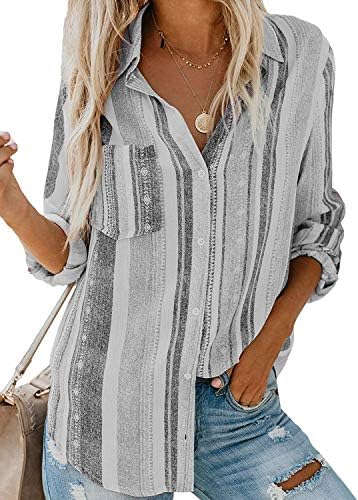 Breampot Womens Summer Blouses Casual Striped V Neck Tunic Tops Long Sleeve Button Down Shirts