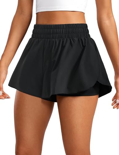 CRZ YOGA Women's 2 in 1 Flowy Running Shorts High Waisted Quick Dry Sport Gym Biker Shorts Athletic Tennis Skirts with Pockets