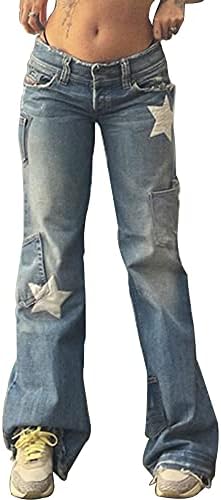 DINGJIUYAN Y2k Vintage Jeans Women Pocket Stitching Straight Star Denim Pants Wide Leg Low Waist Streetwear Jeans