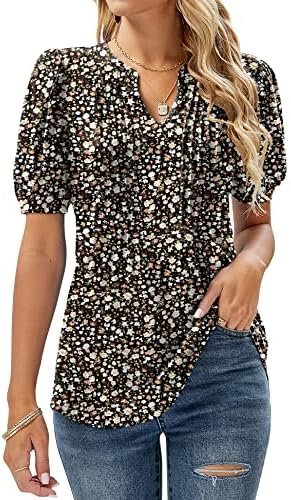 EFFAN Womens V Neck Tops Puff Short Sleeve T-Shirt Pleated Floral Printed Tunic Blouse Shirts