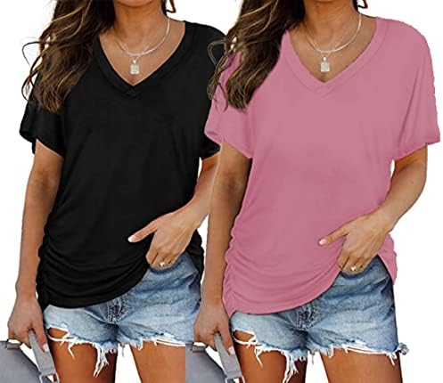 ELFIN 2 Pack Womens V Neck Dolman Tops Tshirts Short Sleeve Casual T-Shirt with Side Shirring Loose Blouse