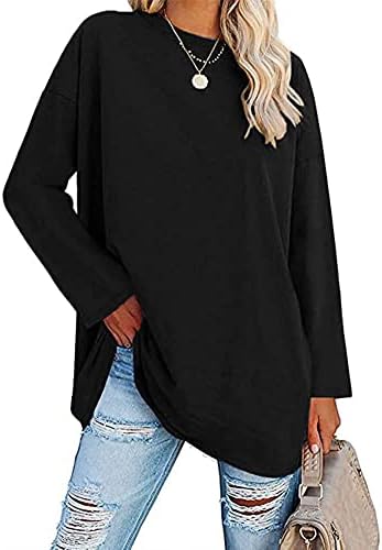 Famulily Women's Basic Round Neck Long Sleeve Cotton T Shirts Solid Color Comfy Loose Tunic Tee Shirts Tops