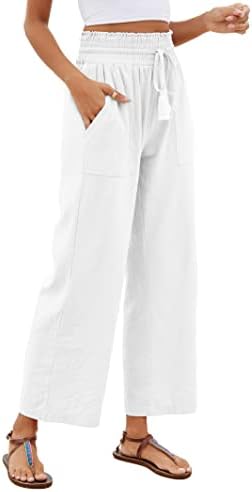 Famulily Women's Casual Cotton Linen Pants Wide Leg Lounge Trousers with Pockets Elastic High Waist with Drawstring Pants