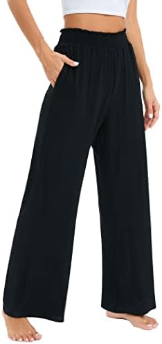 Famulily Women's Casual Stretch Pull On Wide Leg Trousers Ladies Elasticated Smocked Waist Lounge Pants with Pockets