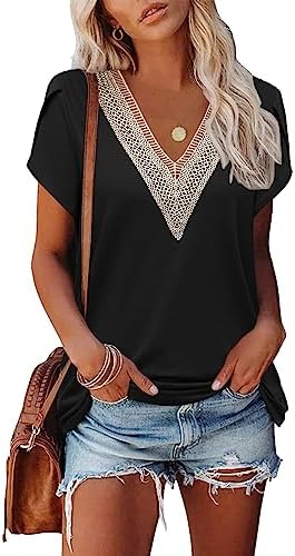 Famulily Women's Lace Trim V Neck T-Shirts, Short Petal Sleeve Summer Dressy Tops Casual Blouses S to XXL