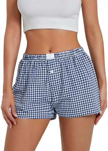 Felcia Women's Y2K Pajama Shorts Cute Plaid Print Sleep Shorts Elastic Low Waist Button Front Lounge Shorts