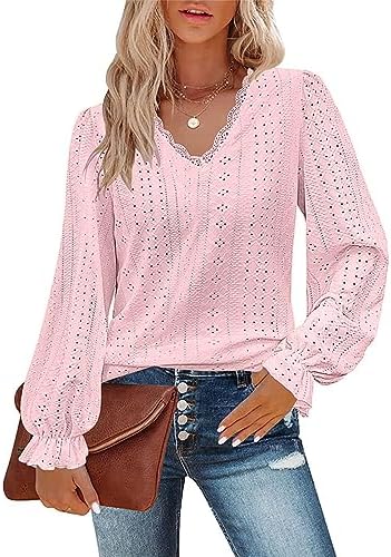 Flikity Classy Tops for Women Lace V Neck Ladies Tops Puff Long Sleeve Eyelet Tops Dressy Casual Outfits Work Clothes Women's Blouses and Shirts