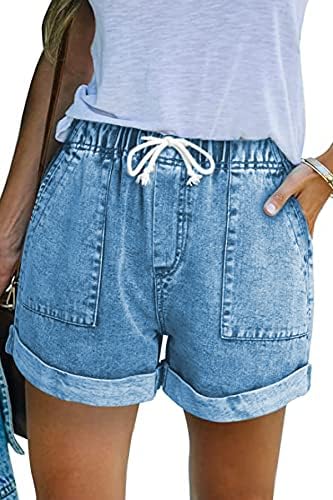 GOLDPKF Womens Denim Jean Shorts Cotton Casual Drawstring Elasticated Waist Shorts Summer Stretch Hot Pants