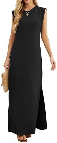 GRECERELLE Womens Summer Maxi Dress - Casual Shirt Dresses Elegant Styles Basic Sleeveless Maxi Dresses for Women UK with Split and Pockets