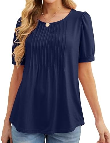 GRECERELLE Womens Summer Tops Casual Dressy Soft Short Sleeve Tunic Front Pleated Spring Crew Neck Tees T-Shirts Loose Blouse for Ladies