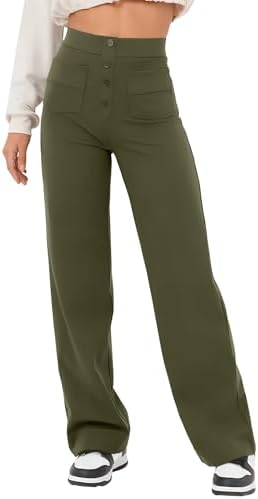 GRECERELLE Womens Yoga Cargo Trousers - High Stretch Wide Leg Elasticated Waist Button Down Yoga Pants Joggers with 4 Pockets