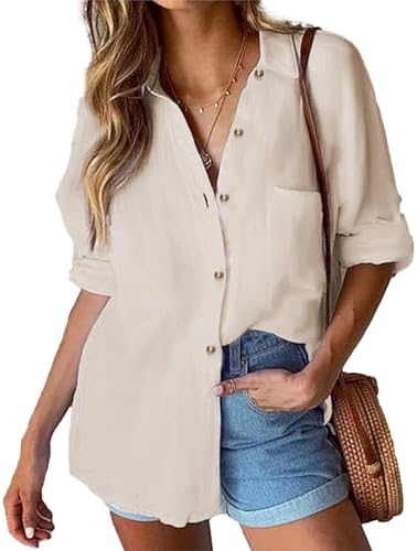 HOTOUCH Women Casual Blouse Cotton Long Sleeve Shirt Elegant Shirt Blouse with Buttons V-Neck Casual Work Shirt S-XXL