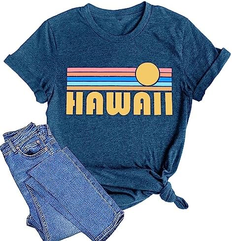 Hawaii T Shirt Women Retro Sunset Graphic Shirts Summer Beach Casual Short Sleeve Tops