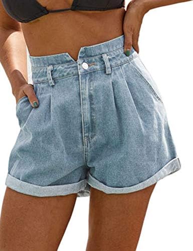 JASAMBAC Women's High Waisted Denim Shorts Rolled Hem Wide Leg Casual Jean Shorts with Pockets