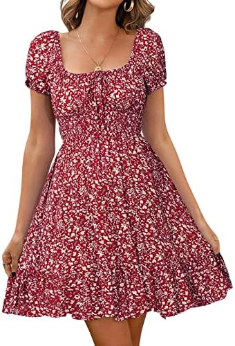 Livonmone Womens Summer Casual Sweetheart Neckline Puff Sleeve Floral Print High Waist Dress Boho Beach Mini Short Dresses