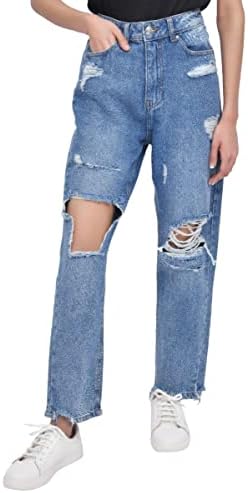 M17 Women's Ladies Denim Torn Hem Rip Mom Jeans High Waisted