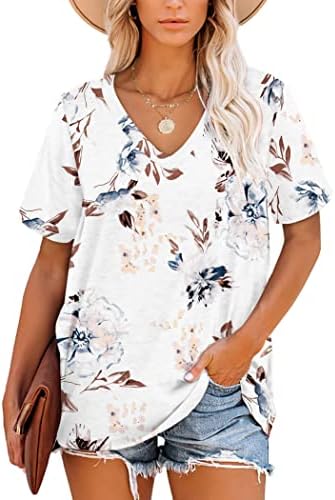 MOLERANI Women T Shirts Short Sleeve V Neck Summer Tops Casual Loose Tee Floral White Size