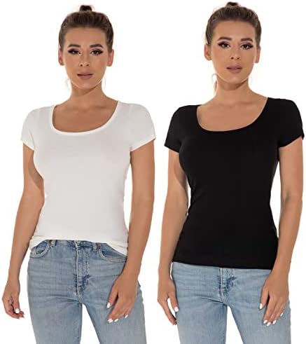 Mcilia Stretch Scoop Neck T-Shirt Soft Solid Basic Tee, Pack of 2