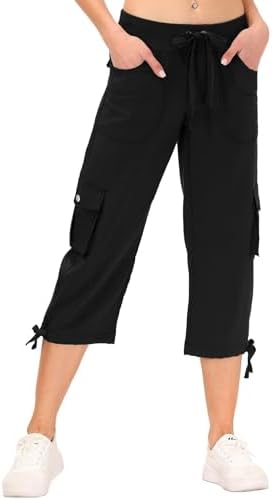 MoFiz Women's Relaxed-Fit Capri Pants 3/4 Length Cropped Trousers Hiking Joggers Workout Lounge Pants with Cargo Pockets