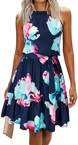 Newshows Women's Summer Halter Neck Dresses Floral Print/Solid Sleeveless Ruffle Party Sundress with Pockets