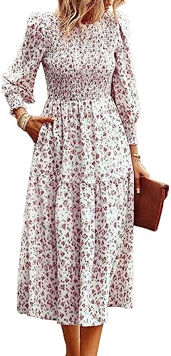 OUSIMEN Women's Dresses Casual Summer Long Sleeve Floral Print Party Beach Midi Dress