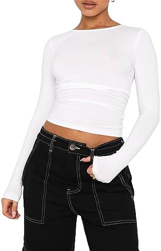 OYIGELZ Long Sleeve Shirt Women's Basic T-Shirt Crop Top Y2K Slim Fit Casual Tee Tops