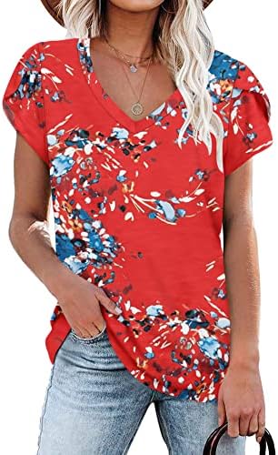 PLOKNRD Ladies Casual Tops V-Neck Petal Short Sleeve T Shirt Summer Classic Loose Tee